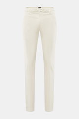 Dondup Chino 'Gaubert' creme, frontale Nahaufnahme schmal geschnittene Hose mit elastischer Qualität, Baumwolle-Lyocell-Mix, Reißverschluss, Slide Button, französische Taschen, Gesäßtaschen mit Knopf, Metall-Initial.