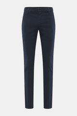 Dondup Chino 'Gaubert' navy, frontale Ansicht, Slim Fit, Baumwolle-Lyocell-Mix, elastisch, schmal geschnittene Wade, Reißverschluss, Slide Button, französische Taschen, Gesäßtaschen mit Knopf, Metall-Initial.