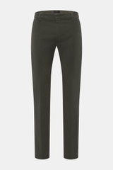 Front view of Dondup Corduroy pants 'Spiritissimo' dark green in slim fit with fine elastic cotton cord, zipper, slide button, French and back pockets.

Description: Especially comfortable, velvety fine cord made of elastic cotton makes the 'Spiritissimo'