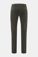 Rear view of Dondup Corduroy pants 'Spiritissimo' dark green in slim fit with very tapered legs, featuring back pockets with buttons and fine elastic cotton cord fabric.

Additional description for the image: Especially comfortable, velvety fine cord made