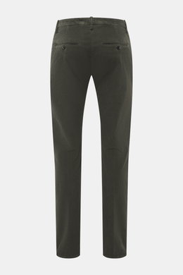 Rear view of Dondup Corduroy pants 'Spiritissimo' dark green in slim fit with very tapered legs, featuring back pockets with buttons and fine elastic cotton cord fabric.

Additional description for the image: Especially comfortable, velvety fine cord made