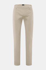 Front view of Dondup Corduroy pants 'Spiritissimo' beige, slim fit, very tapered, made of elastic cotton fine cord, garment dyed with zipper, slide button, French pockets, back pockets with button, and typical metal initial.

Description:
<p>Especially co