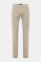 Front view of Dondup Corduroy pants 'Spiritissimo' beige, slim fit, very tapered, made of elastic cotton fine cord, garment dyed with zipper, slide button, French pockets, back pockets with button, and typical metal initial.

Description:
<p>Especially co