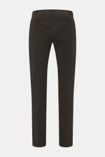 Front view of Dondup Corduroy pants 'Spiritissimo' dark brown made of fine elastic cotton cord with slim, very tapered fit, zipper, slide button, French pockets, back pockets with button, and metal initial, garment dyed for a soft touch. Especially comfor