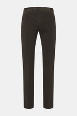 Front view of Dondup Corduroy pants 'Spiritissimo' dark brown made of fine elastic cotton cord with slim, very tapered fit, zipper, slide button, French pockets, back pockets with button, and metal initial, garment dyed for a soft touch. Especially comfor