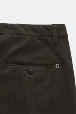 Dondup Corduroy pants 'Spiritissimo' dark brown close-up from the back-top showing fine elastic cotton cord, soft touch, garment dyed, slim fit, tapered, zipper and slide button, French pockets, back pockets with button, and typical metal initial.