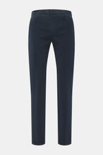 Front view of Dondup Corduroy pants 'Spiritissimo' navy, slim fit with fine elastic cotton cord, soft touch, garment dyed, tapered legs, zipper and slide button, French pockets, back pockets with button, and typical metal initial.