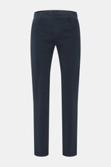 Front view of Dondup Corduroy pants 'Spiritissimo' navy, slim fit with fine elastic cotton cord, soft touch, garment dyed, tapered legs, zipper and slide button, French pockets, back pockets with button, and typical metal initial.
