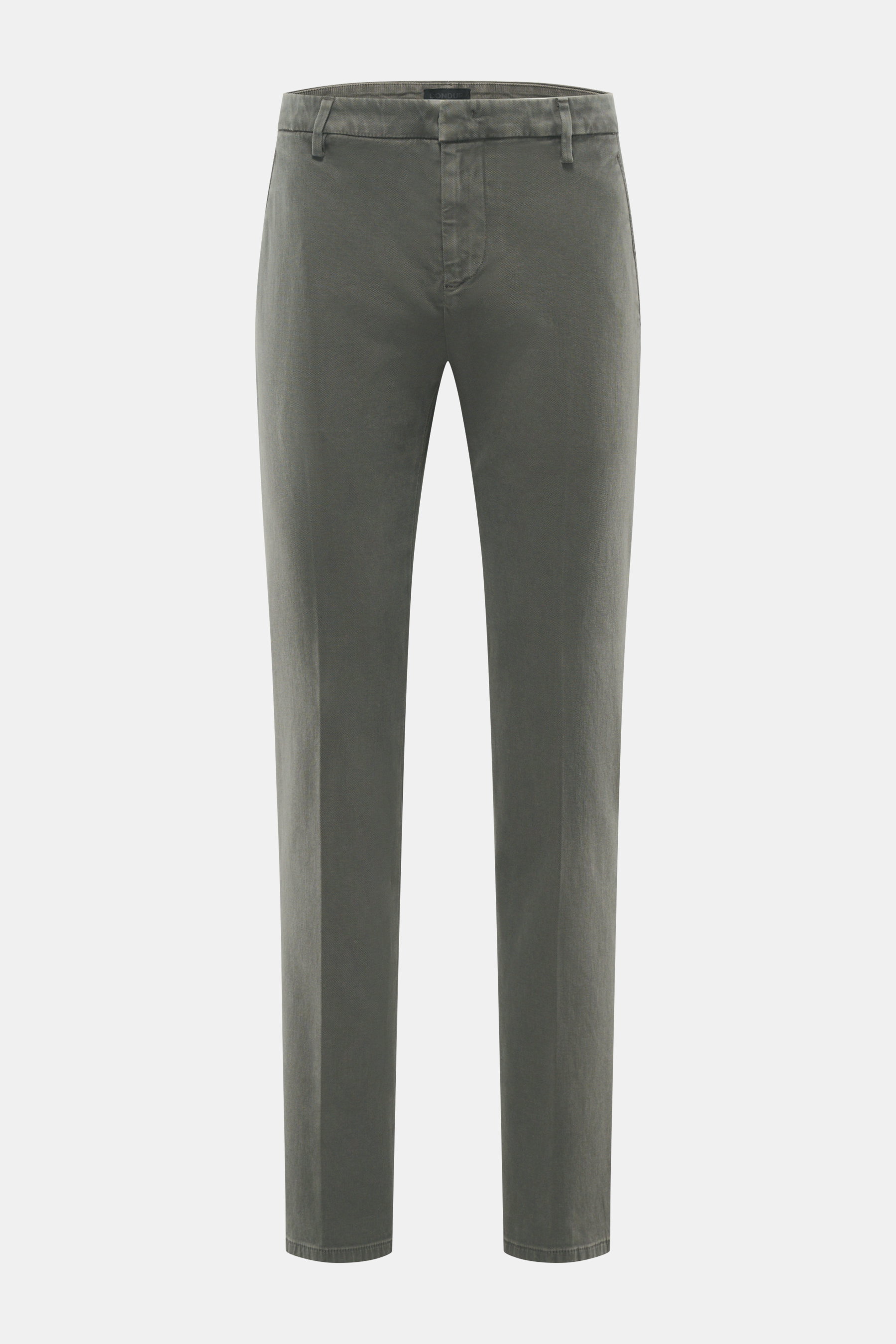 Dondup Baumwollhose 'Spiritissimo' graugrün, slim fit, schmal zulaufend, mit Reißverschluss, Slide Button, französischen Taschen, paspelierte Gesäßtaschen, weiche, leicht elastische Baumwolle, markante Webstruktur, garment dyed, Frontalansicht.