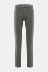 Dondup Baumwollhose 'Spiritissimo' graugrün, slim fit, schmal zulaufend, mit Reißverschluss, Slide Button, französischen Taschen, paspelierte Gesäßtaschen, weiche, leicht elastische Baumwolle, markante Webstruktur, garment dyed, Frontalansicht.