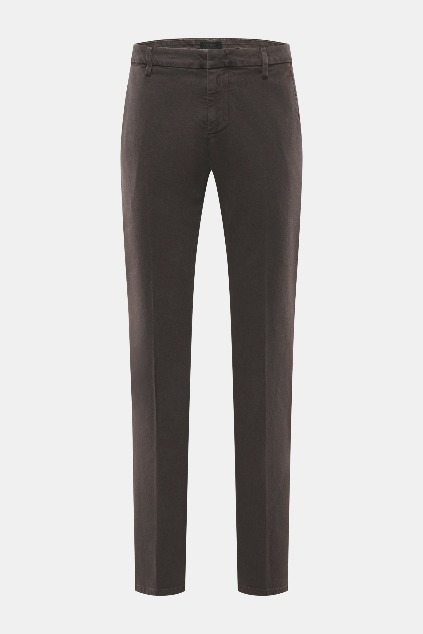 Dondup Baumwollhose 'Spiritissimo' dunkelbraun, slim fit, schmal zulaufend, frontale Ansicht, weich, leicht elastisch, garment dyed, französische Taschen.