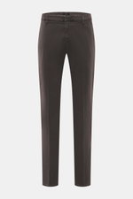 Dondup Baumwollhose 'Spiritissimo' dunkelbraun, slim fit, schmal zulaufend, frontale Ansicht, weich, leicht elastisch, garment dyed, französische Taschen.