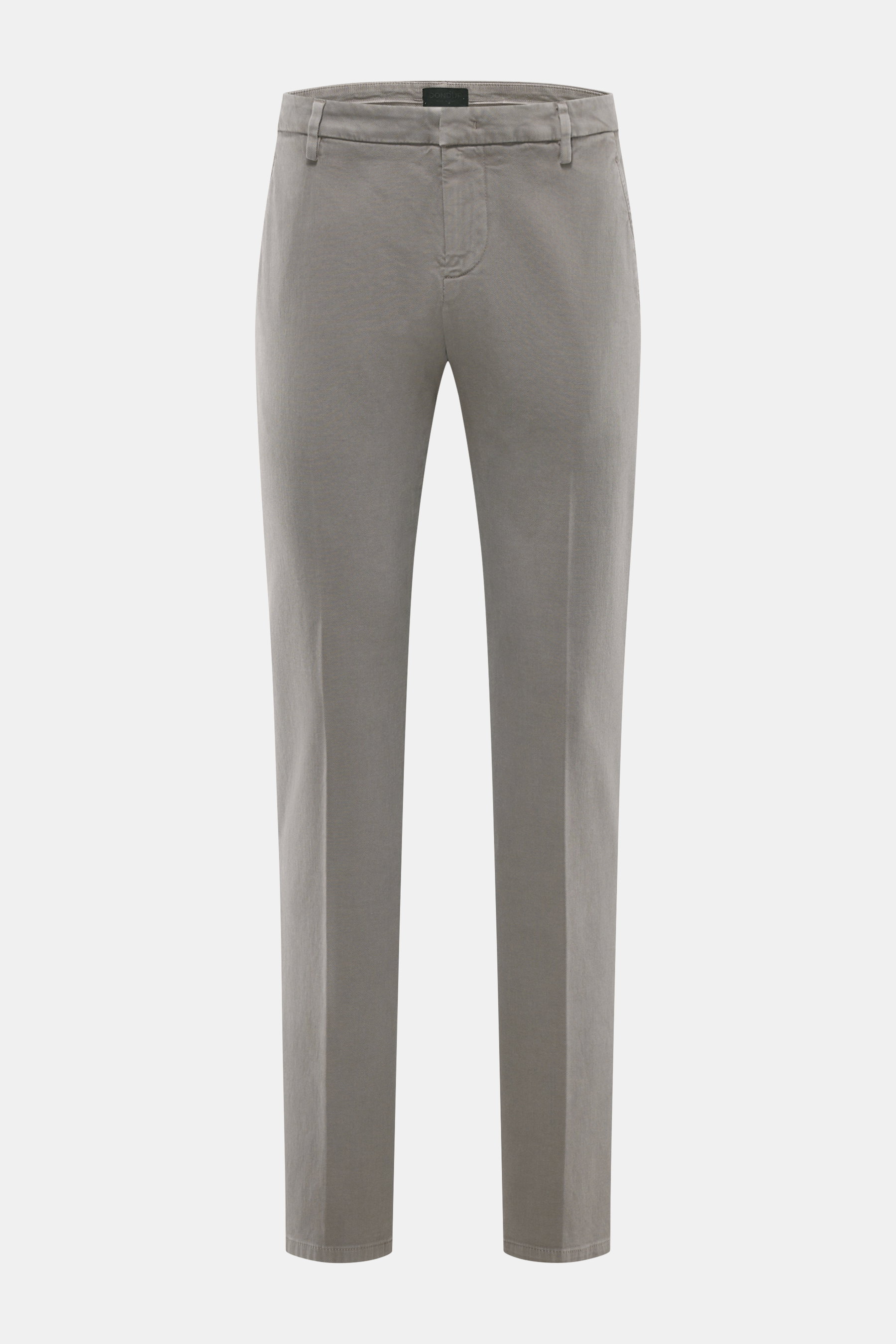 Dondup Baumwollhose 'Spiritissimo' grau, frontal fotografiert, Slim Fit, weich, leicht elastisch, garment dyed, mit Slide Button, Reißverschluss & Taschen.
