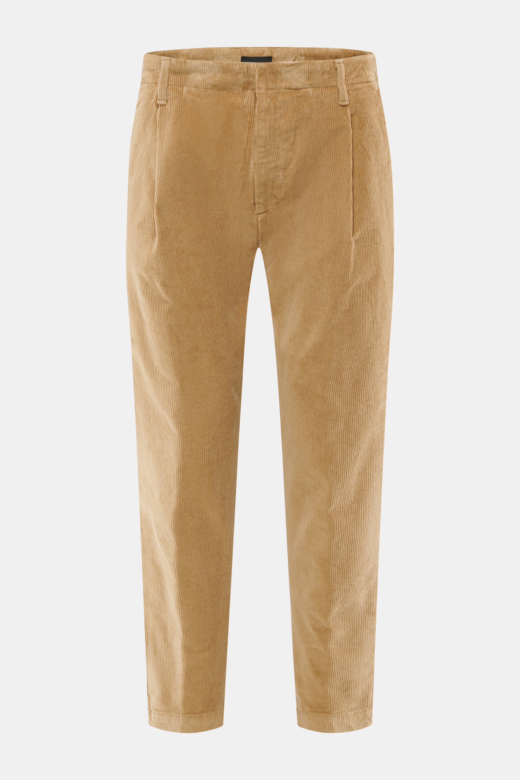 Front view of Dondup Corduroy pants 'Ben' beige, corduroy made of pure cotton, slightly elastic, soft touch, tapered fit, regular thigh width, ankle length, very narrow tapering, zipper and slide button, simple waistband pleat, French pockets, back pocket
