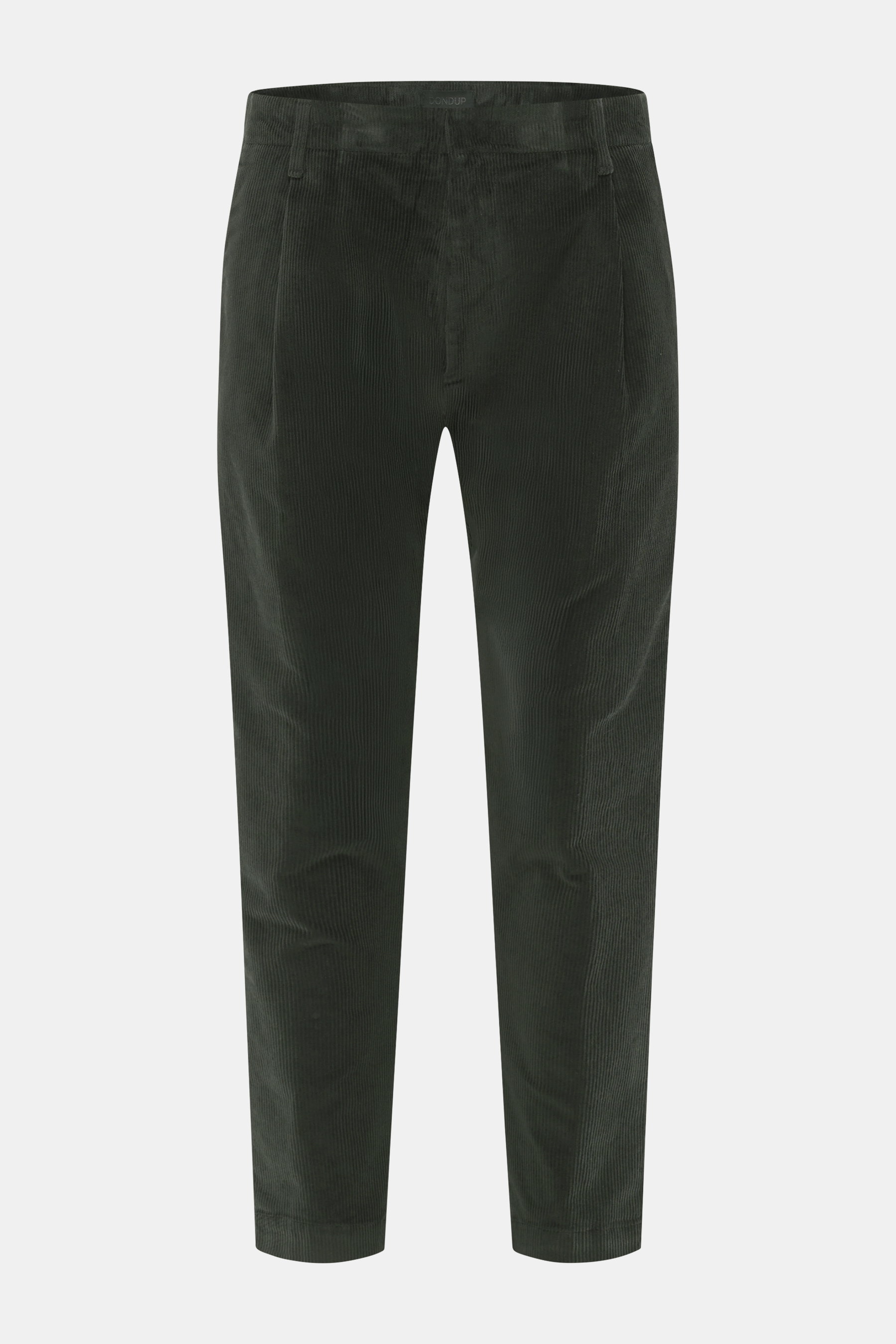 Front view of Dondup Corduroy pants 'Ben' dark green, corduroy made of pure cotton, slightly elastic quality, soft touch, tapered fit, regular thigh width, ankle length, very narrow tapering, zipper and slide button, simple waistband pleat, French pockets