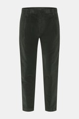 Dondup Cordhose 'Ben' dunkelgrün, frontale Nahaufnahme, Cord aus reiner Baumwolle, weich, leicht elastisch, Tapered Fit, knöchellang, Bundfalte, französische Taschen, Gesäßtaschen mit Knopf, Metall-Initial, Reißverschluss mit Slide Button.