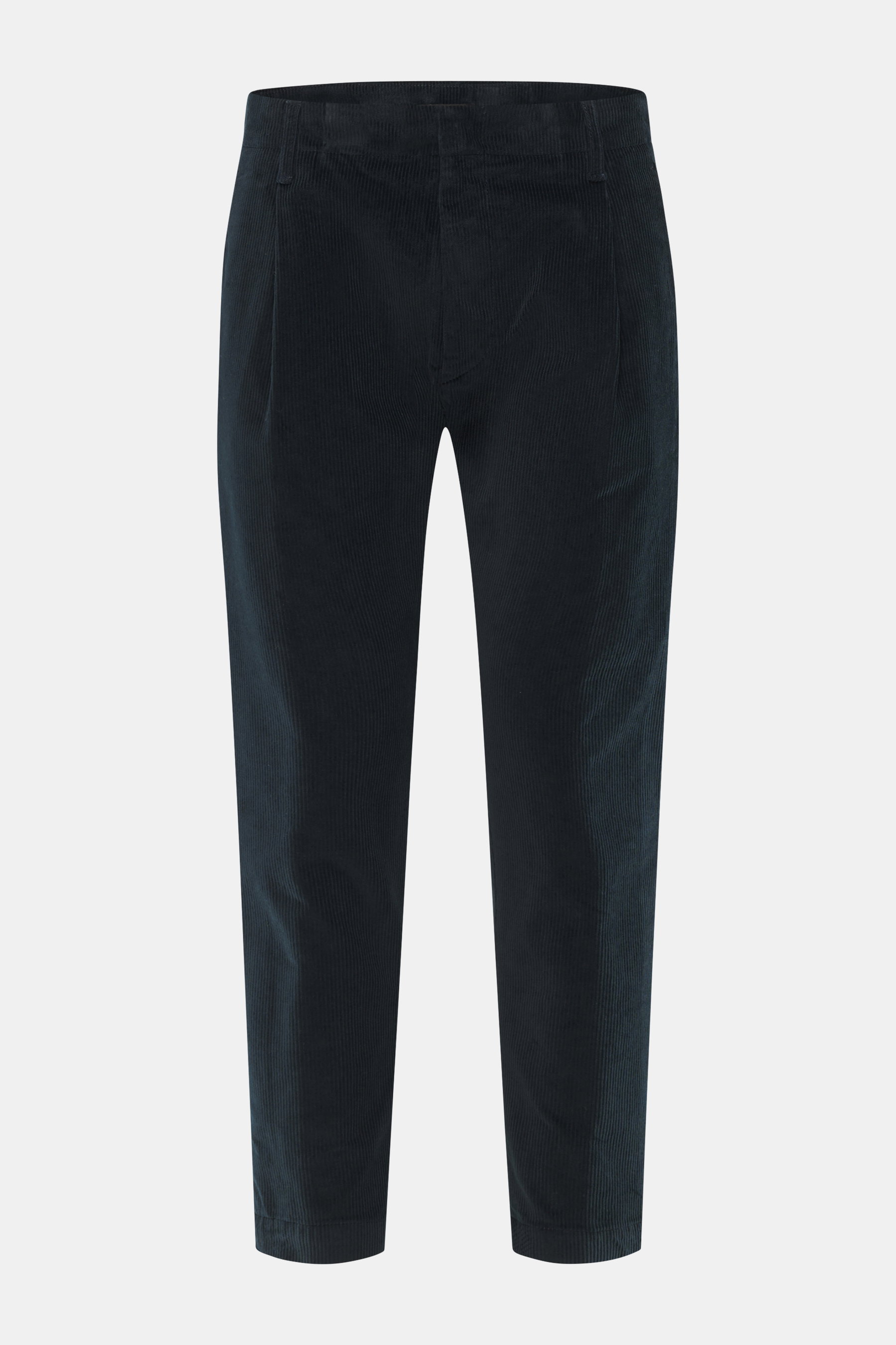 Front view of Dondup Corduroy pants 'Ben' teal, corduroy made of pure cotton with slightly elastic quality, soft touch, tapered fit, regular thigh width, ankle length, very narrow tapering, zipper and slide button, simple waistband pleat, French pockets, 