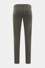 Dondup Chino 'Gaubert' dunkelgrau, Rückansicht, elastische Baumwolle, Slim Fit, schmal geschnittene Wade, Reißverschluss, Slide Button, französische Taschen, Gesäßtaschen mit Knopf, Metall-Initial.