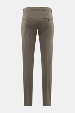 Dondup Chino 'Gaubert' graugrün von hinten, Slim Fit, elastische Baumwolle, schmal geschnittene Wade, Reißverschluss, Slide Button, französische Taschen, Gesäßtaschen mit Knopf, Metall-Initial.
