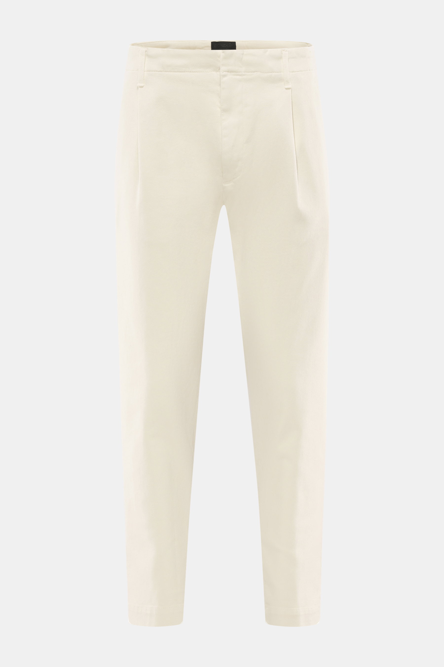 Front view of Dondup Chino 'Ben' cream pants, mix of cotton and lyocell, slightly elastic, soft feel, garment dyed, tapered fit, regular thigh width, ankle length, very narrow tapering, zipper and slide button, single pleat at waistband, French pockets, b