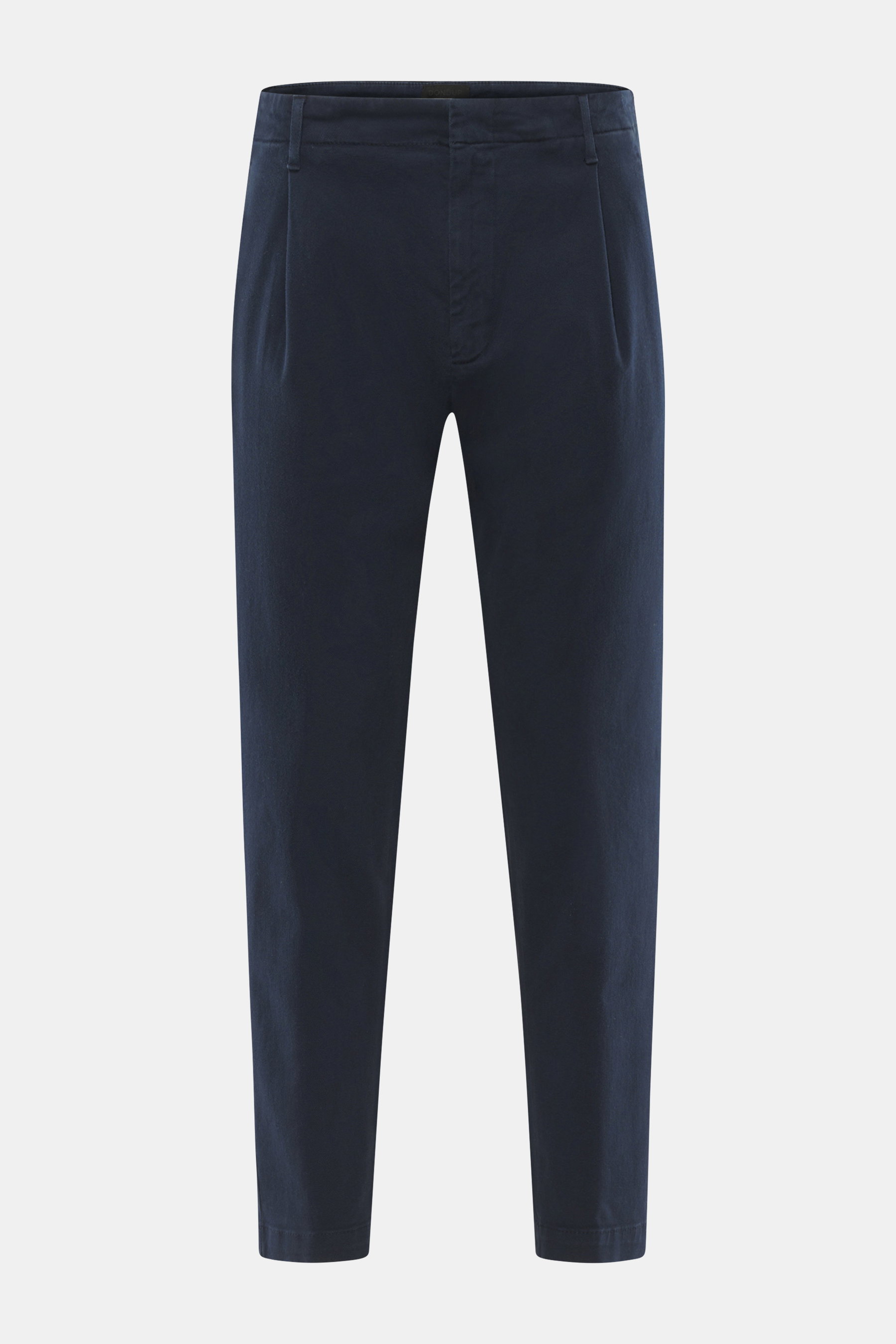 Front view of Dondup Chino 'Ben' navy pants, mix of cotton and lyocell, slightly elastic, soft feel, garment dyed, tapered fit, regular thigh, ankle length, very narrow tapering, zipper and slide button, single pleat at waistband, French pockets, back poc