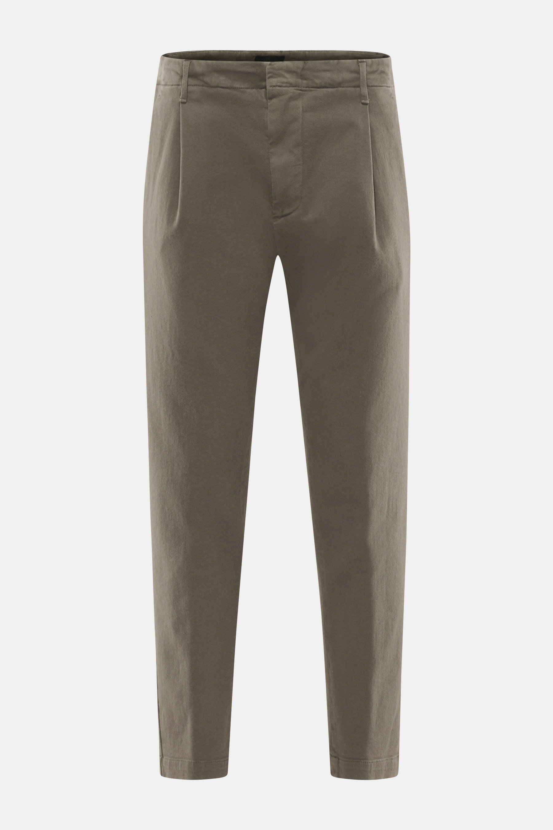 Front view of Dondup Chino 'Ben' khaki pants, made of a cotton and lyocell mix, slightly elastic, soft feel, garment dyed, tapered fit with regular thigh width, ankle length, very narrow tapering, zipper and slide button, single pleat at waistband, French