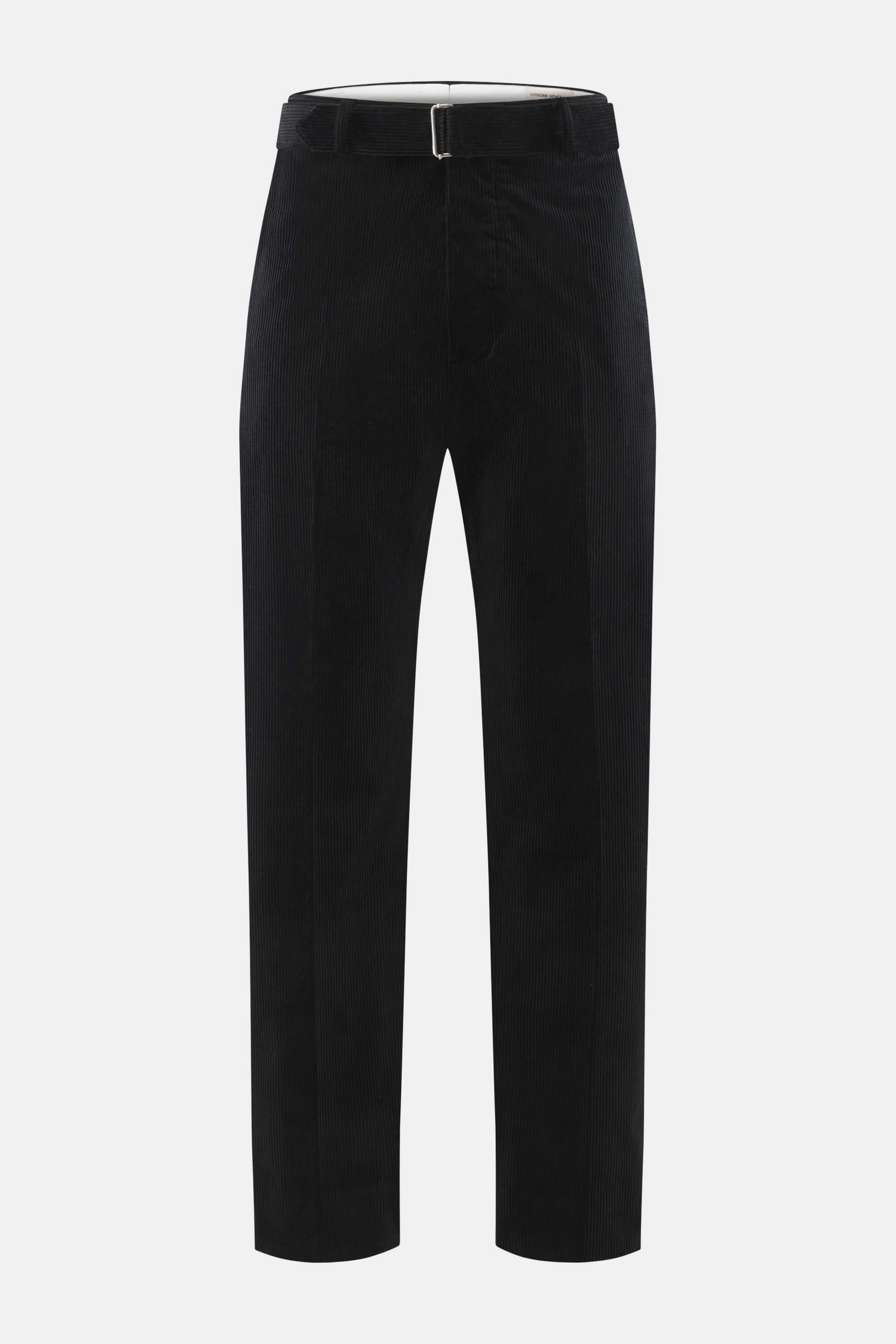 Front view of Officine Générale Corduroy pants 'Hoche' black, soft elastic cotton corduroy, tapered fit, ankle length, with belt and button fly.