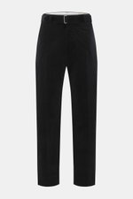 Front view of Officine Générale Corduroy pants 'Hoche' black, soft elastic cotton corduroy, tapered fit, ankle length, with belt and button fly.