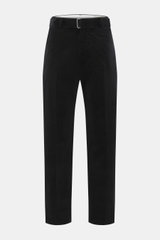 Front view of Officine Générale Corduroy pants 'Hoche' black, soft elastic cotton corduroy, tapered fit, ankle length, with belt and button fly.