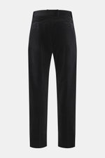 Rear view of Officine Générale Corduroy pants 'Hoche' black, showcasing soft, slightly elastic cotton corduroy, tapered fit, regular thigh width, ankle length with waistband, belt loops, button fly, side seam pockets, and back pockets with button, reflect
