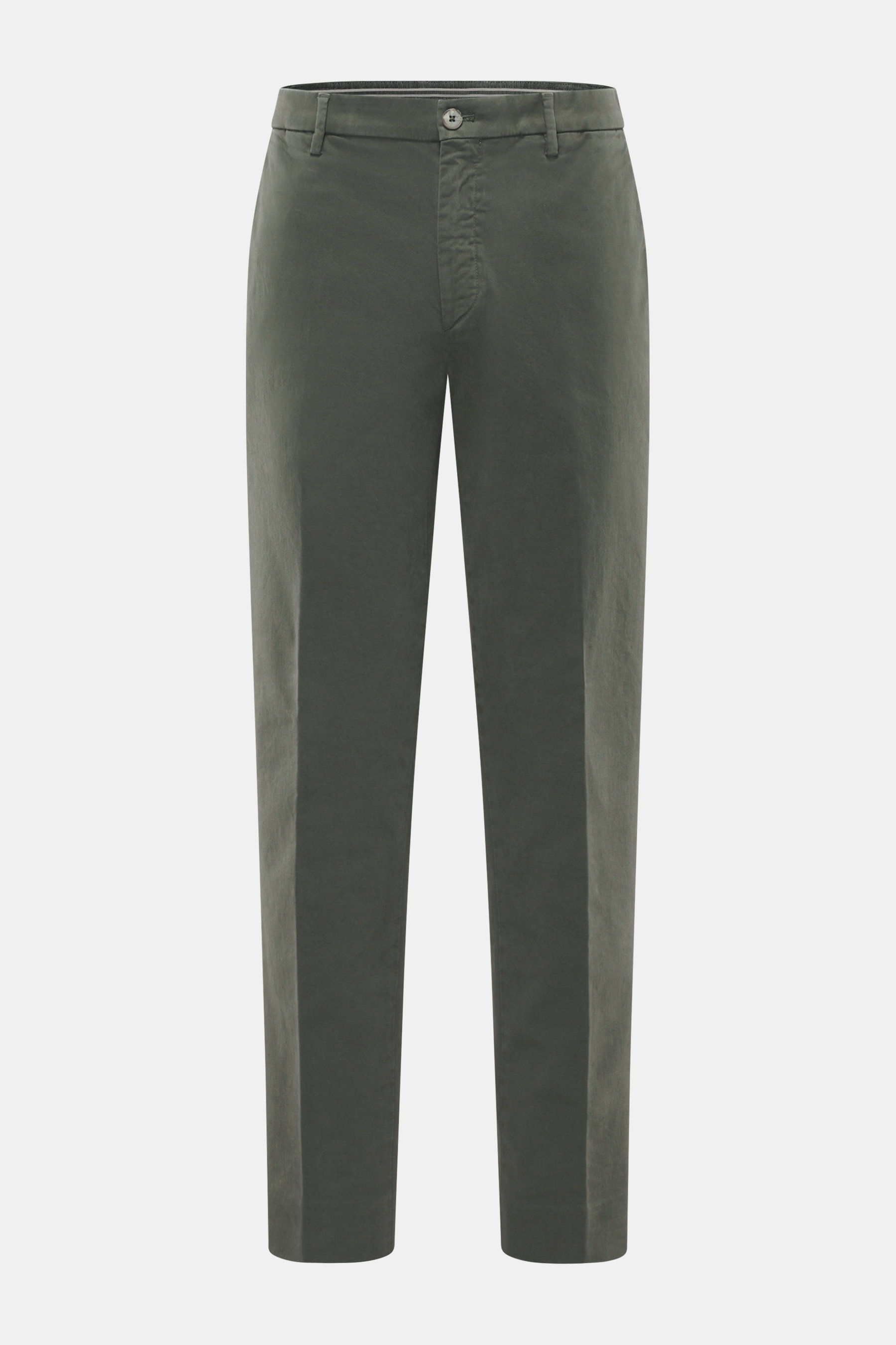 GTA Baumwollhose 'Davide' graugrün, frontale Nahaufnahme, Baumwoll-Twill, Regular Fit, elastisch, französische Taschen, Reißverschluss, Bundknopf, Logo-Detail.