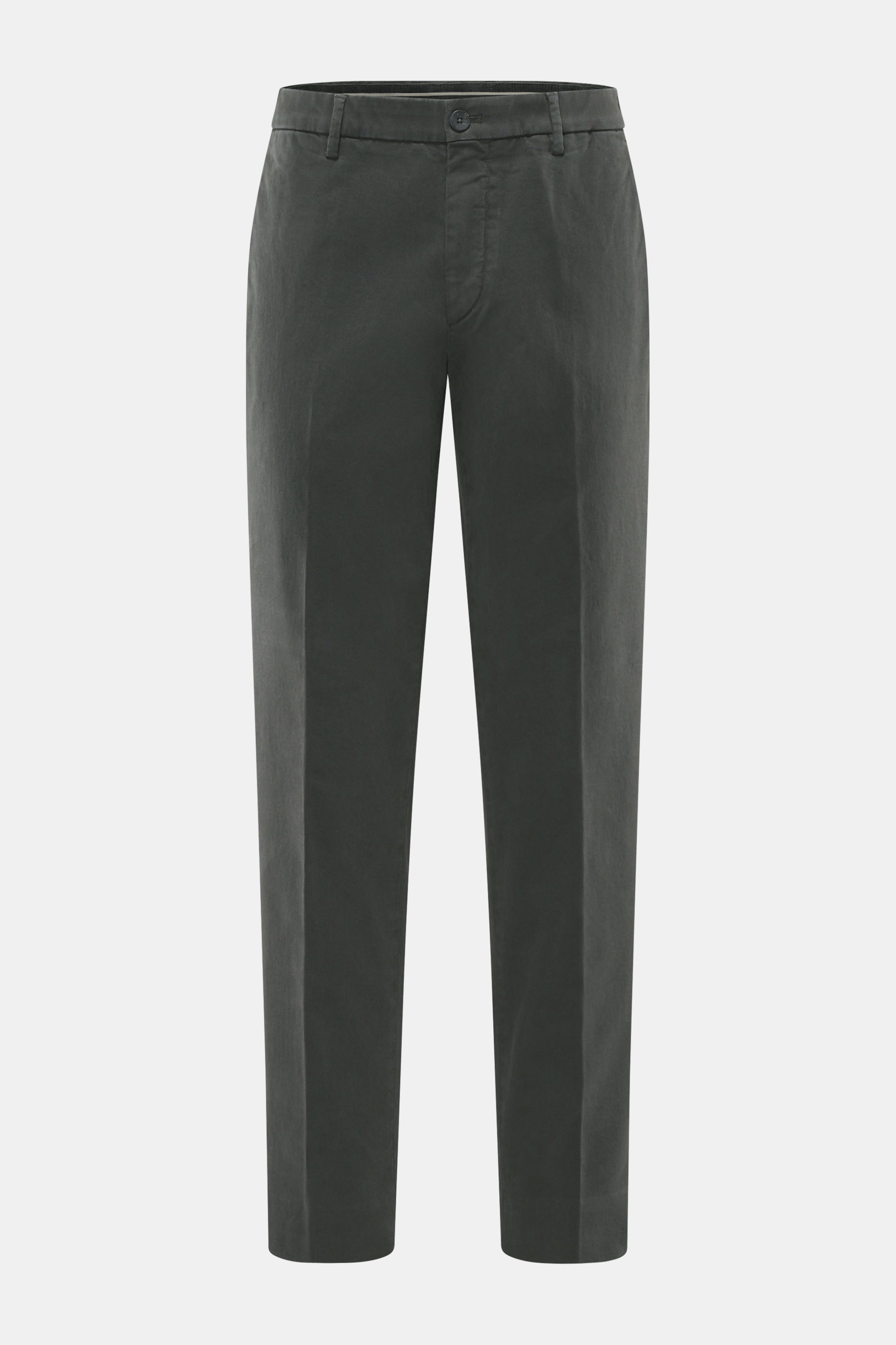 GTA Baumwollhose 'Davide' dunkelgrau von vorne, legerer Klassiker aus Baumwoll-Twill, Regular Fit, elastisch, französische Taschen, Knopf- und Reißverschluss.