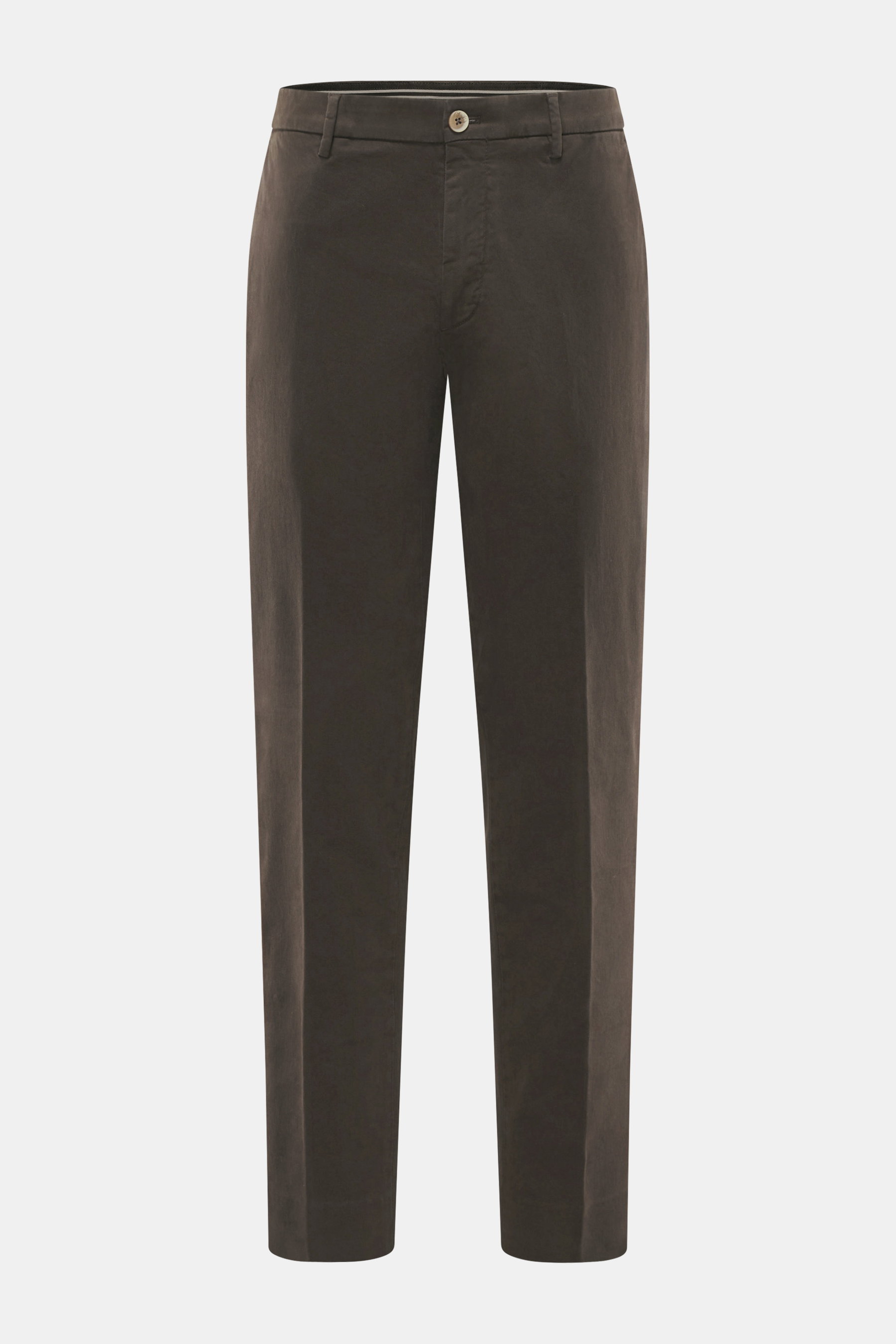 GTA Baumwollhose 'Davide' dunkelbraun, frontal fotografiert, aus elastischem Baumwoll-Twill mit Regular Fit, Bundknopf, Reißverschluss, französischen Taschen.