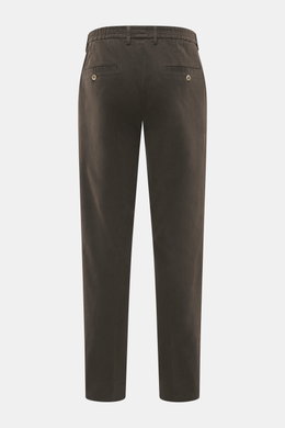 GTA Baumwollhose 'Davide' dunkelbraun, Rückansicht, Regular Fit, Baumwoll-Twill, elastisch, französische Taschen, Gesäßtaschen mit Knopf, schmal zulaufend.