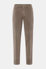 Front view of GTA Corduroy Pants 'Davide' taupe, corduroy made of cotton with elastic quality, smooth touch, regular fit, slightly tapered, zipper and waistband button, internal elastic band, French pockets, small logo detail, back pockets with button.