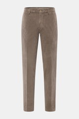 Front view of GTA Corduroy Pants 'Davide' taupe, corduroy made of cotton with elastic quality, smooth touch, regular fit, slightly tapered, zipper and waistband button, internal elastic band, French pockets, small logo detail, back pockets with button.