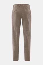 Back view of GTA Corduroy Pants 'Davide' taupe, corduroy made of cotton with elastic quality, smooth touch, regular fit, slightly tapered, zipper and waistband button, internal elastic band, French pockets, small logo detail, and back pockets with button.