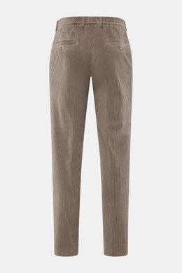 Back view of GTA Corduroy Pants 'Davide' taupe, corduroy made of cotton with elastic quality, smooth touch, regular fit, slightly tapered, zipper and waistband button, internal elastic band, French pockets, small logo detail, and back pockets with button.