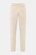 Front view of GTA Corduroy Pants 'Davide' sand in cotton corduroy with stretch quality, smooth touch, regular fit, slightly tapered, zipper and waistband button, internal elastic band, French pockets, small logo detail, back pockets with button.