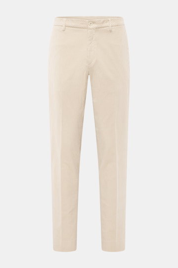 Front view of GTA Corduroy Pants 'Davide' sand in cotton corduroy with stretch quality, smooth touch, regular fit, slightly tapered, zipper and waistband button, internal elastic band, French pockets, small logo detail, back pockets with button.