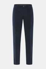 Front view of GTA Corduroy Pants 'Davide' navy, corduroy made of cotton, elastic quality, smooth touch, regular fit, slightly tapered, zipper and waistband button, internal elastic band, French pockets, small logo detail, back pockets with button.