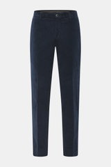 Front view of GTA Corduroy Pants 'Davide' navy, corduroy made of cotton, elastic quality, smooth touch, regular fit, slightly tapered, zipper and waistband button, internal elastic band, French pockets, small logo detail, back pockets with button.