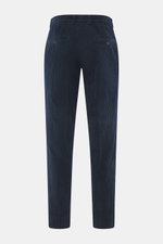 GTA Corduroy Pants 'Davide' navy shown from the back, corduroy made of cotton, elastic quality, smooth touch, regular fit, slightly tapered, zipper and waistband button, internal elastic band, French pockets, small logo detail, back pockets with button.