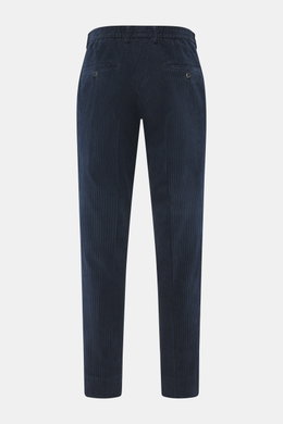 GTA Corduroy Pants 'Davide' navy shown from the back, corduroy made of cotton, elastic quality, smooth touch, regular fit, slightly tapered, zipper and waistband button, internal elastic band, French pockets, small logo detail, back pockets with button.