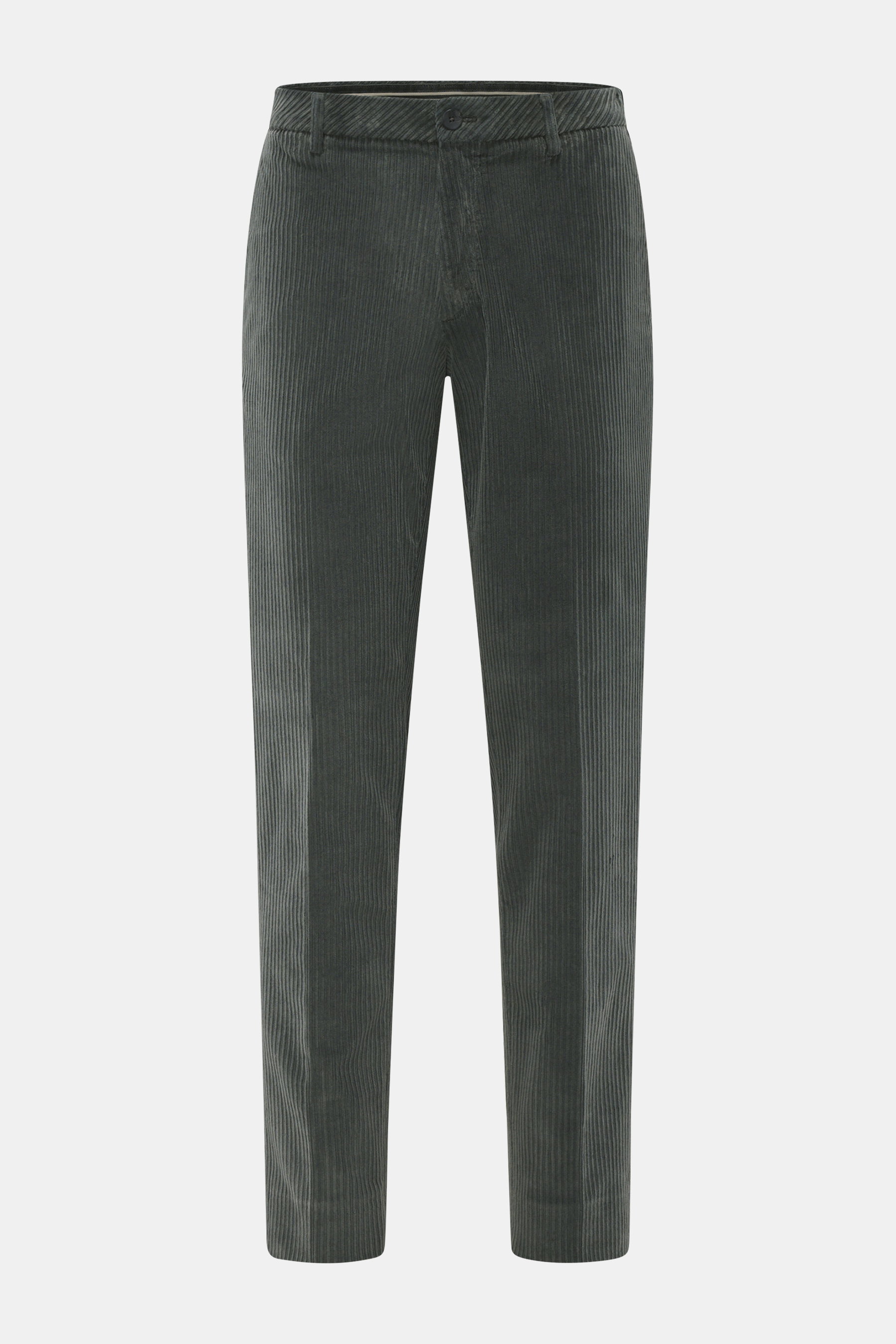 GTA Cordhose 'Davide' dunkelgrau, Cord aus Baumwolle, Regular Fit, elastische Qualität, glatter Griff, leicht schmal, Reißverschluss, Bundknopf, französische Taschen, Logo-Detail, Gesäßtaschen mit Knopf, frontale Ansicht.