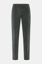 Front view of GTA Corduroy Pants 'Davide' dark grey in cotton corduroy, smooth touch, stretch quality, regular fit, slightly tapered, with zipper and waistband button, internal elastic band, French pockets, small logo detail, and back pockets with button.