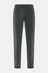 Front view of GTA Corduroy Pants 'Davide' dark grey in cotton corduroy, smooth touch, stretch quality, regular fit, slightly tapered, with zipper and waistband button, internal elastic band, French pockets, small logo detail, and back pockets with button.