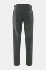 Back view of GTA Corduroy Pants 'Davide' dark grey in cotton corduroy with stretch quality, smooth touch, regular fit, slightly tapered legs, zipper and waistband button, internal elastic band, French pockets, small logo detail, and back pockets with butt