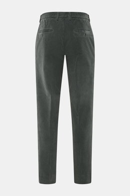 Back view of GTA Corduroy Pants 'Davide' dark grey in cotton corduroy with stretch quality, smooth touch, regular fit, slightly tapered legs, zipper and waistband button, internal elastic band, French pockets, small logo detail, and back pockets with butt