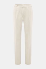 Front view of GTA Chino 'Herrick' cream pants made of elastic cotton with soft touch, regular fit, low waist height, zipper and waistband button, elastic insert in waistband, side adjuster, double waistband pleat, French pockets, and back pockets with but
